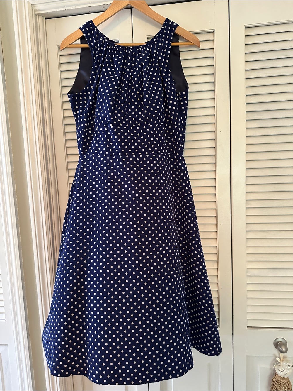 Polka Dot Navy Midi Dress with Gathered Yoke